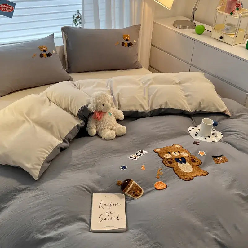 Cartoon pattern embroidered cream bedding sets bedroom decor luck