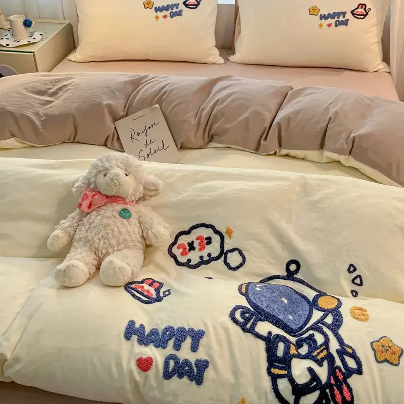 Cartoon pattern embroidered cream bedding sets bedroom decor luck