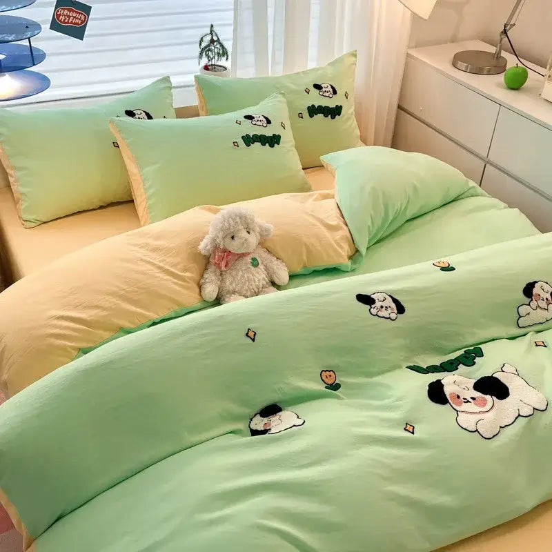Cartoon pattern embroidered cream bedding sets bedroom decor luck