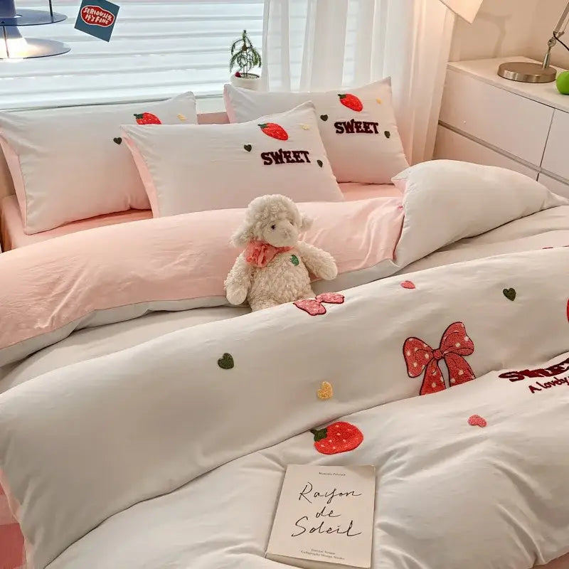 Cartoon pattern embroidered cream bedding sets bedroom decor luck