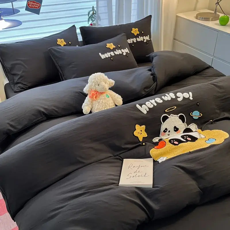Cartoon pattern embroidered cream bedding sets bedroom decor luck