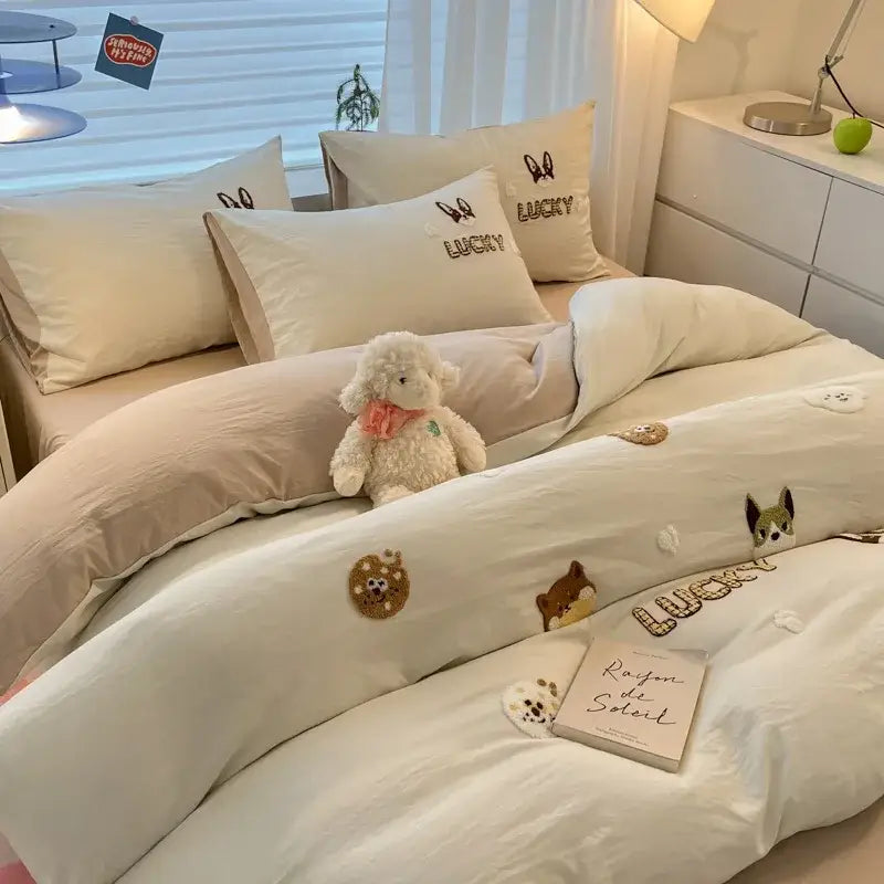 Cartoon pattern embroidered cream bedding sets bedroom decor luck