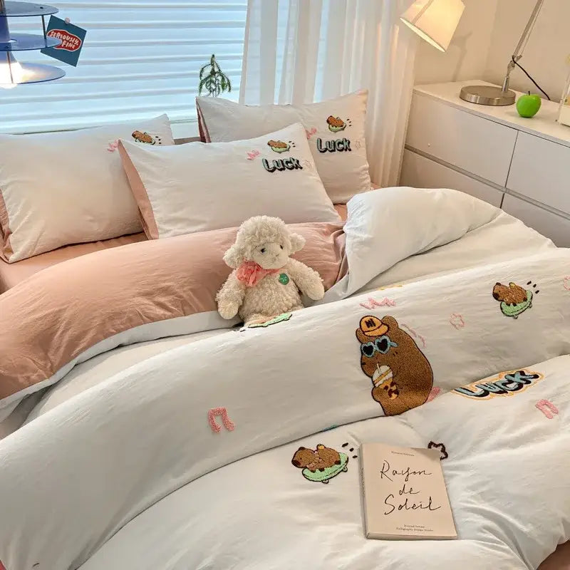 Cartoon pattern embroidered cream bedding sets bedroom decor luck