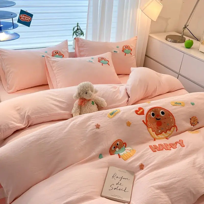 Cartoon pattern embroidered cream bedding sets bedroom decor luck