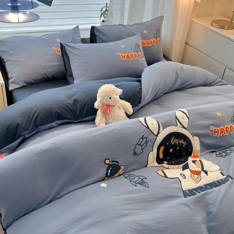 Cartoon pattern embroidered cream bedding sets bedroom decor luck