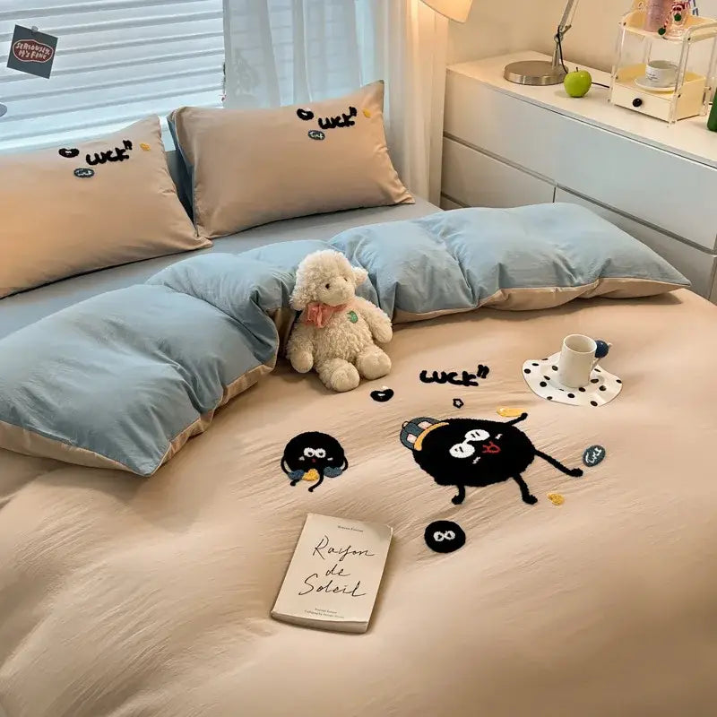 Cartoon pattern embroidered cream bedding sets bedroom decor luck