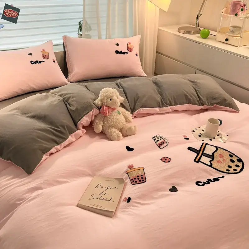 Cartoon pattern embroidered cream bedding sets bedroom decor luck