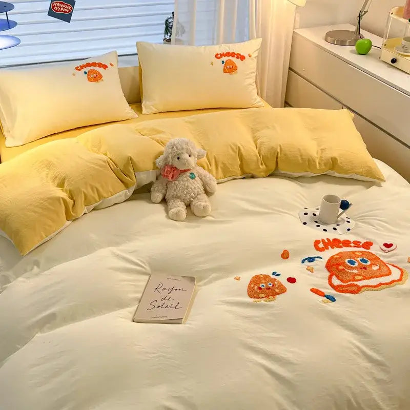 Cartoon pattern embroidered cream bedding sets bedroom decor luck