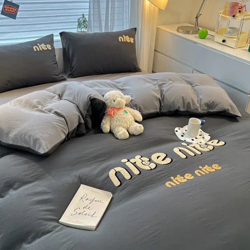 Cartoon pattern embroidered cream bedding sets bedroom decor luck