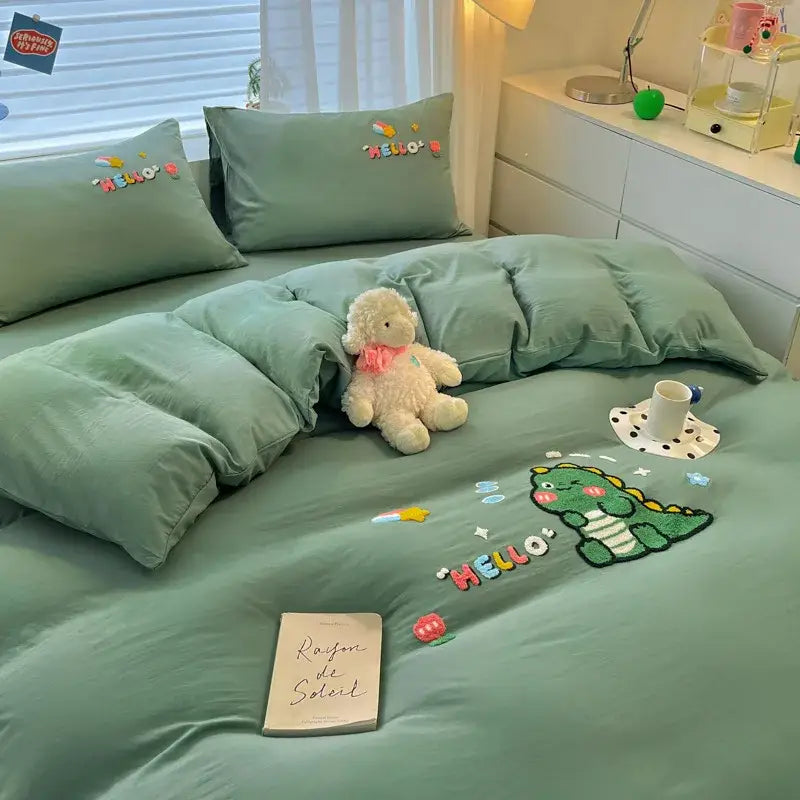 Cartoon pattern embroidered cream bedding sets bedroom decor luck