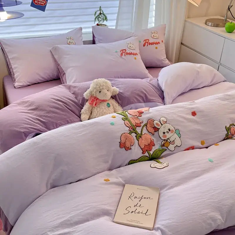 Cartoon pattern embroidered cream bedding sets bedroom decor luck