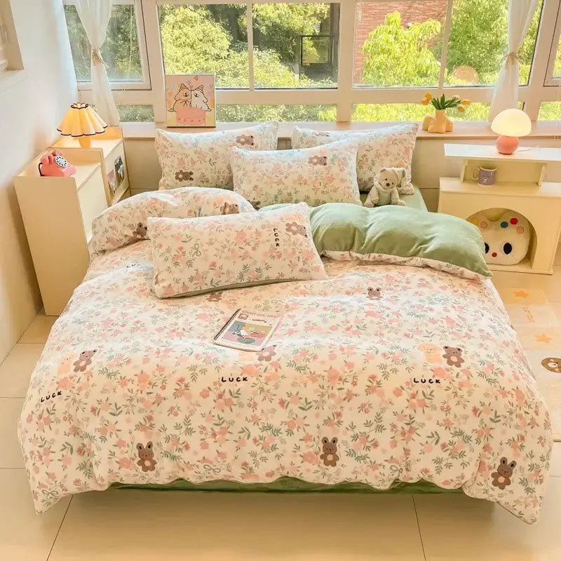 Cartoon print pink & green cotton bedding set bedroom teddy bear