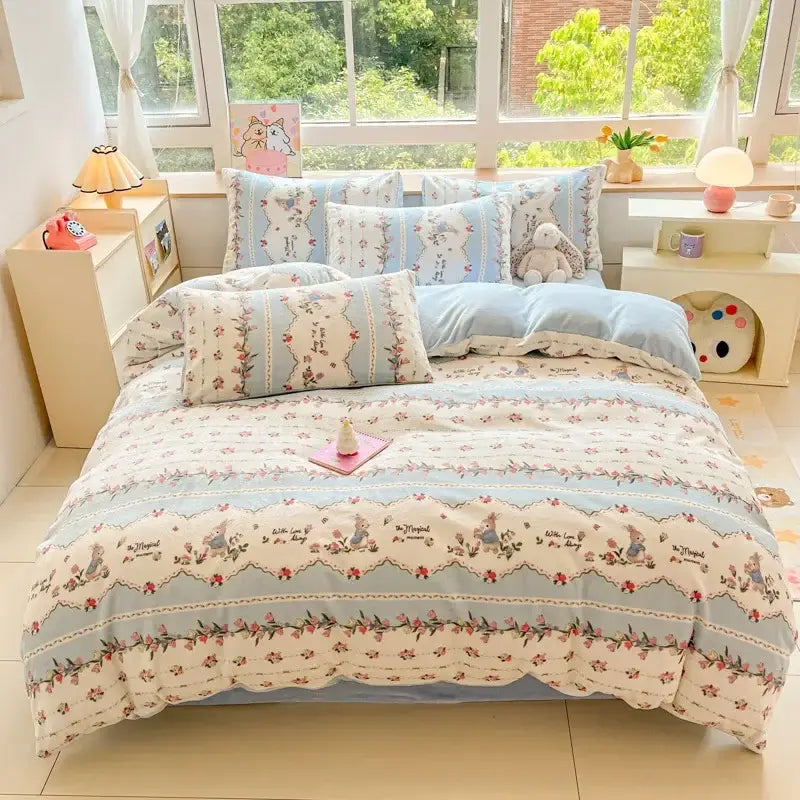 Cartoon print pink & green cotton bedding set bedroom teddy bear