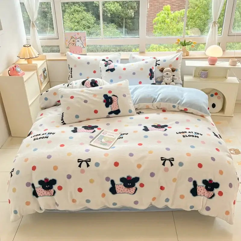 Cartoon print pink & green cotton bedding set bedroom teddy bear