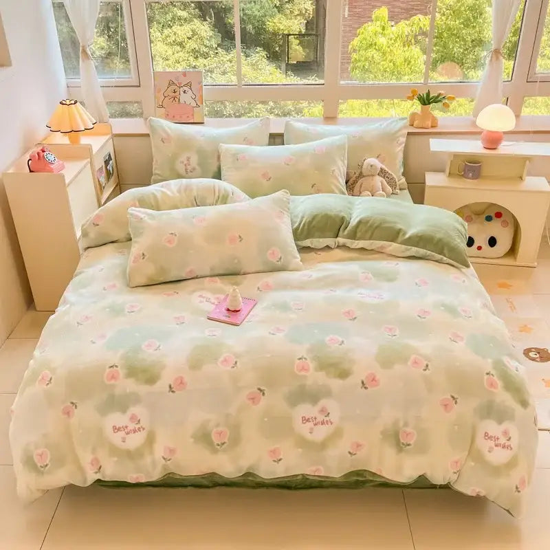 Cartoon print pink & green cotton bedding set bedroom teddy bear
