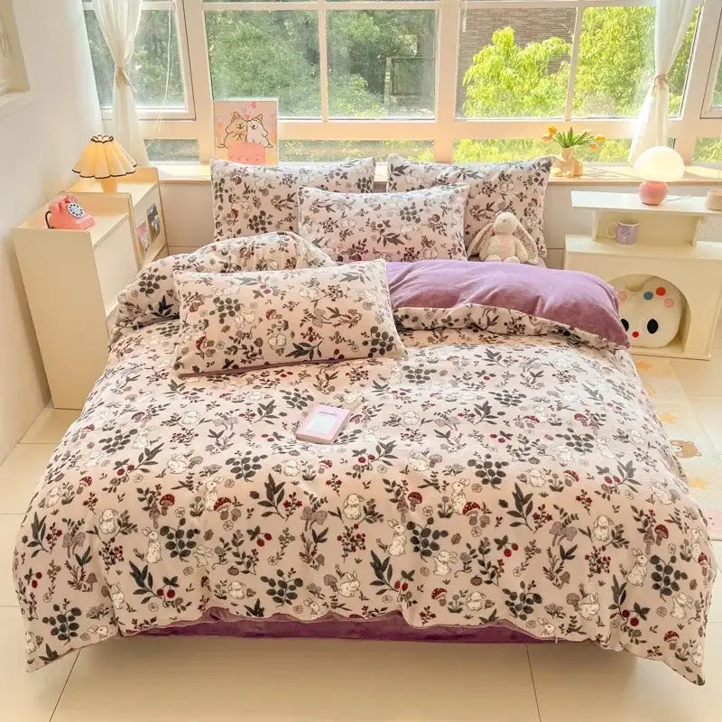 Cartoon print pink & green cotton bedding set bedroom teddy bear
