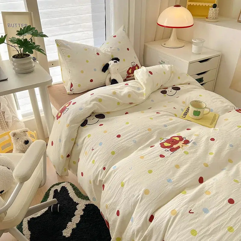 Cartoon printed bedding sets cream & blue bedroom cat duvet set