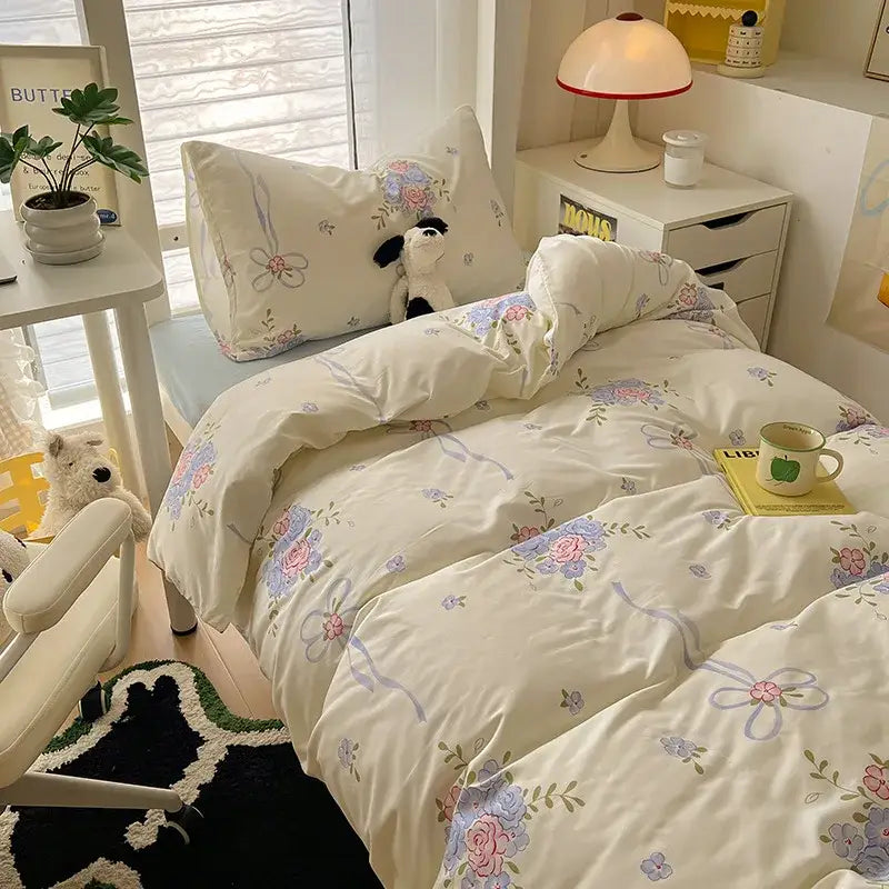 Cartoon printed bedding sets cream & blue bedroom cat duvet set