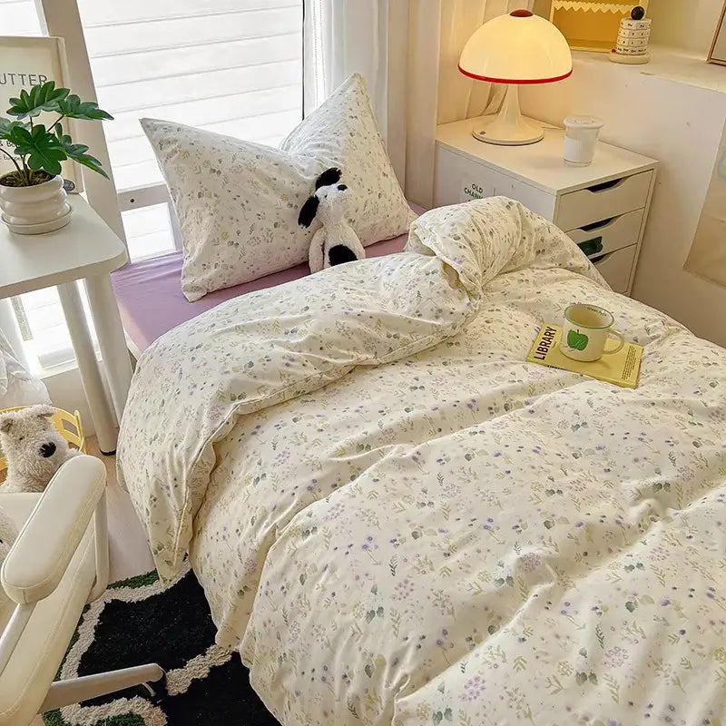 Cartoon printed bedding sets cream & blue bedroom cat duvet set