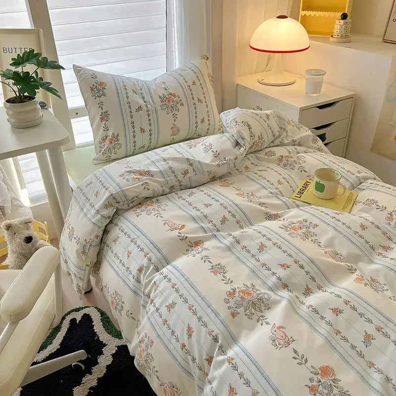 Cartoon printed bedding sets cream & blue bedroom cat duvet set