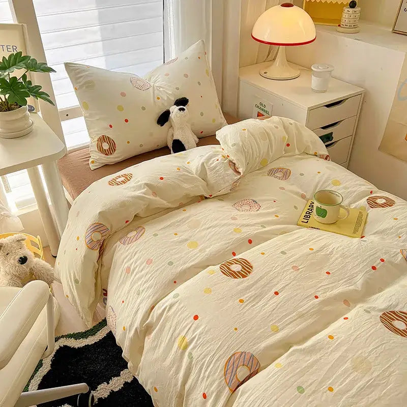Cartoon printed bedding sets cream & blue bedroom cat duvet set