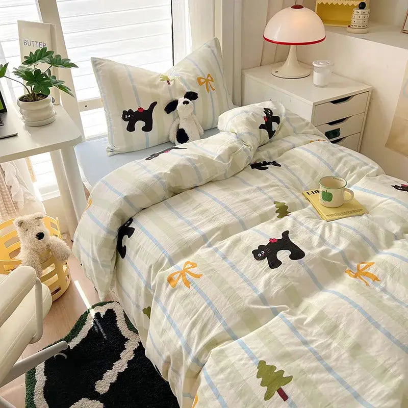 Cartoon printed bedding sets cream & blue bedroom cat duvet set
