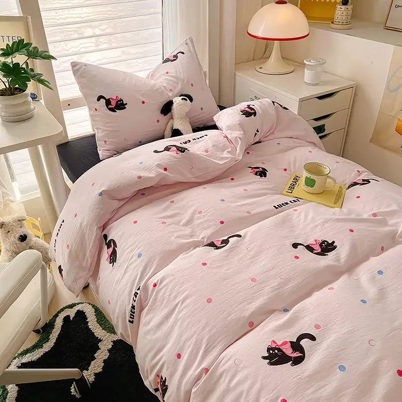 Cartoon printed bedding sets cream & blue bedroom cat duvet set