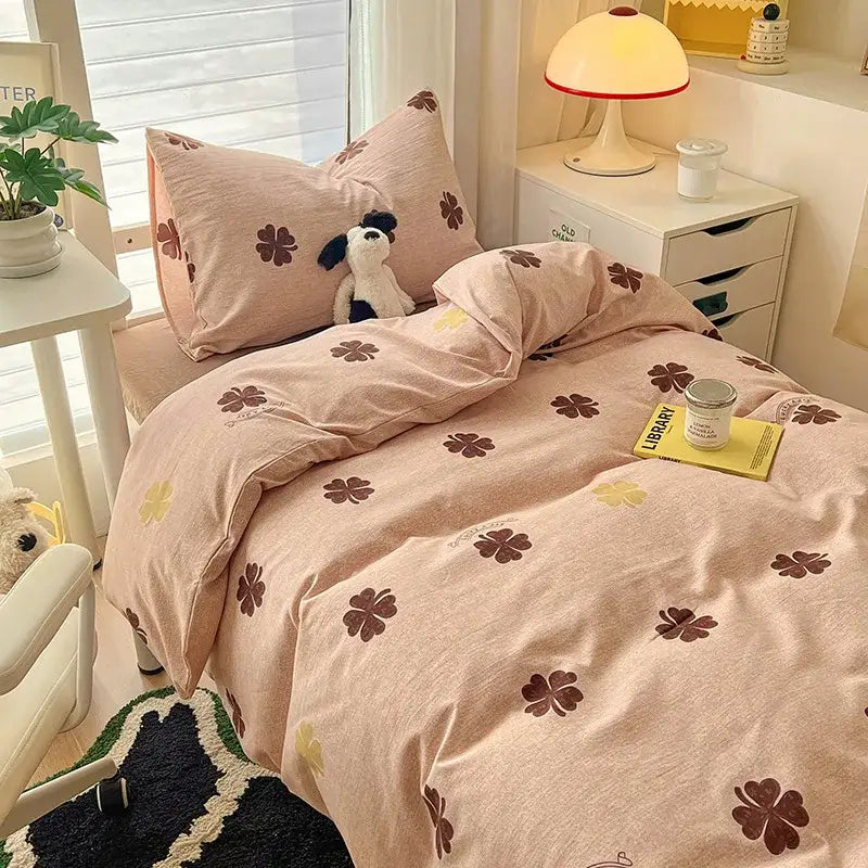 Cartoon printed bedding sets cream & blue bedroom cat duvet set