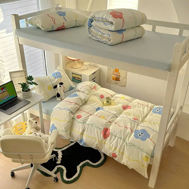 Cartoon printed bedding sets cream & blue bedroom cat duvet set