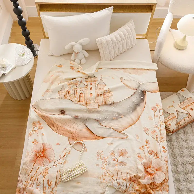 Cartoon printed cotton blanket cream teddy bear bedroom sofa cover