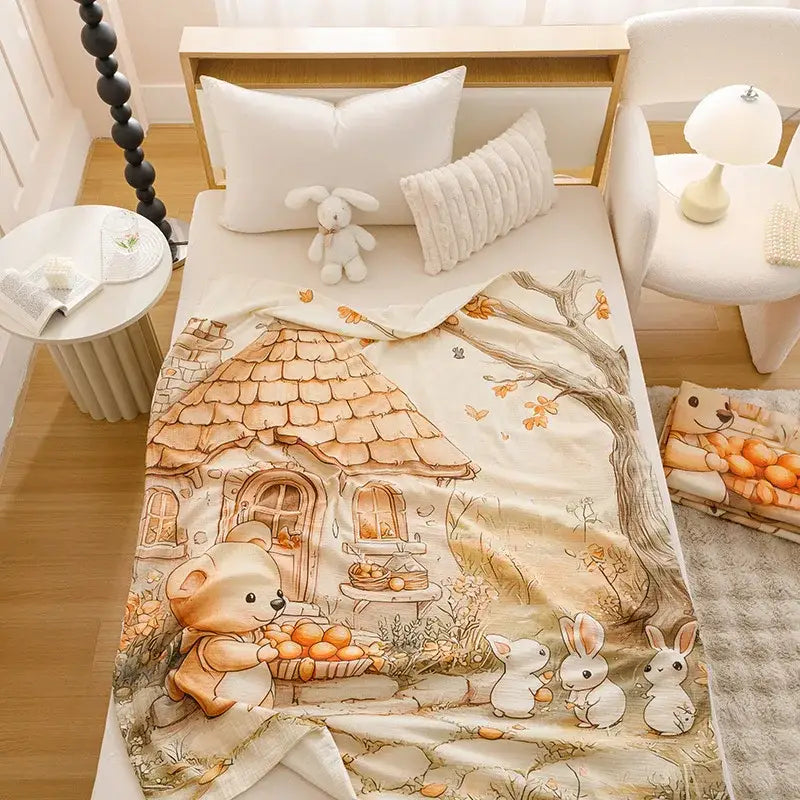 Cartoon printed cotton blanket cream teddy bear bedroom sofa cover