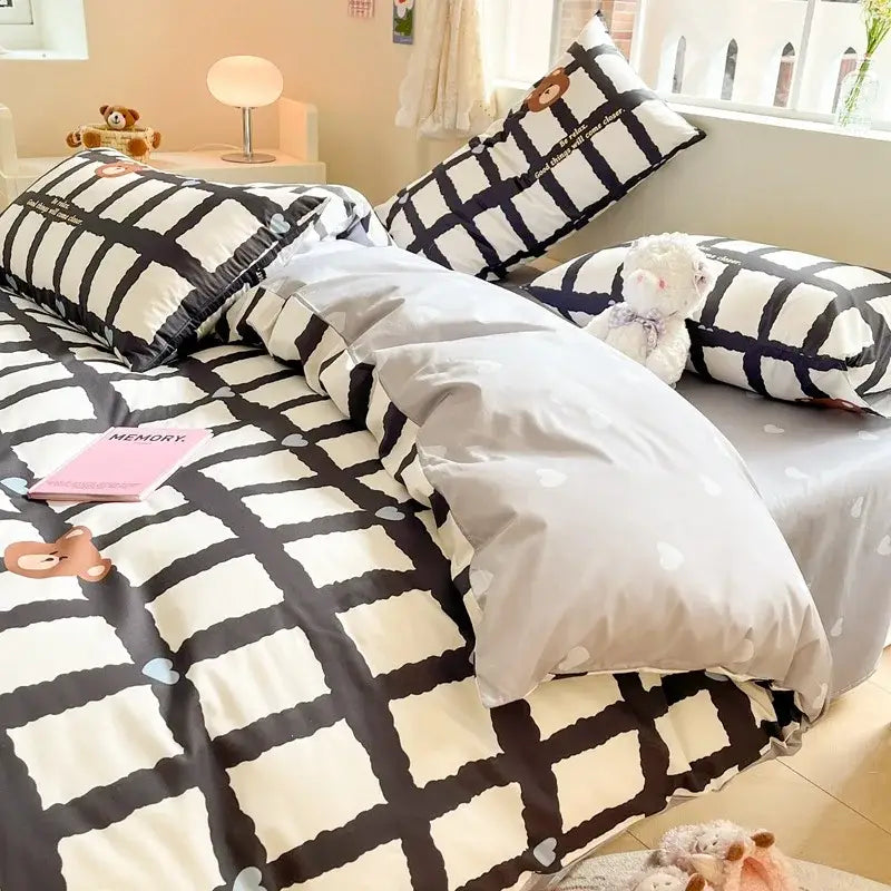 Cartoon printed cotton duvet cover cream bedroom bedding set