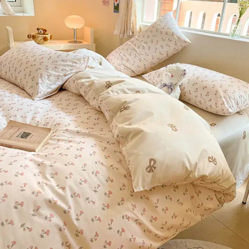 Cartoon printed cotton duvet cover cream bedroom bedding set