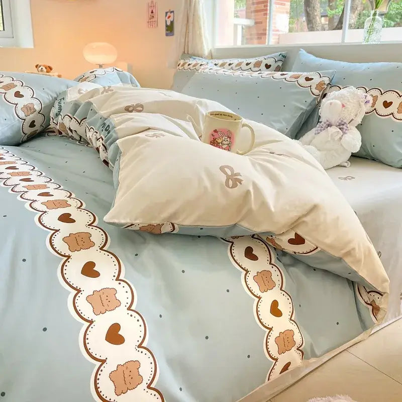 Cartoon printed cotton duvet cover cream bedroom bedding set