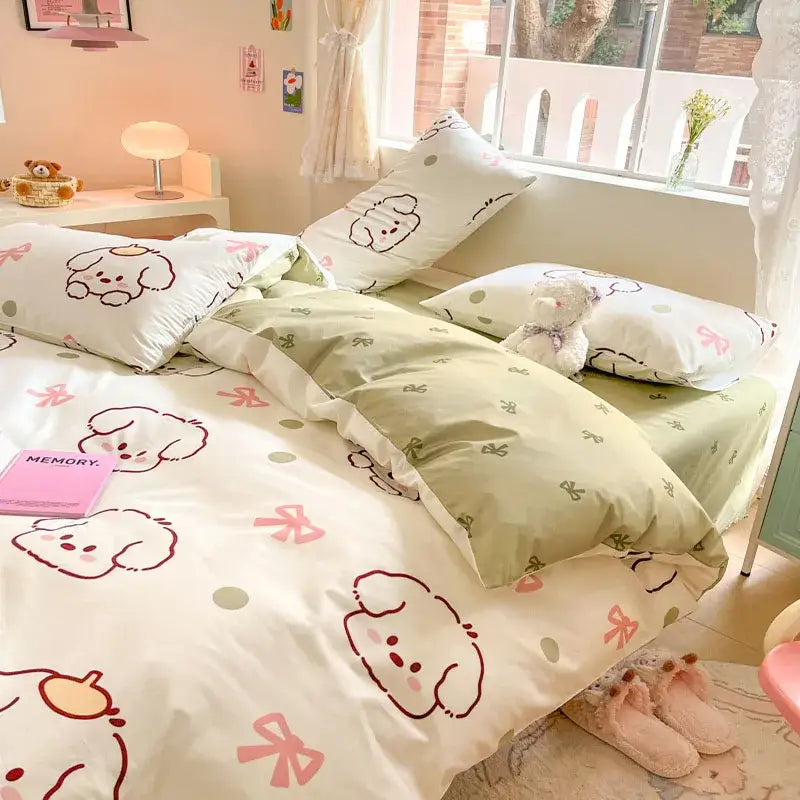 Cartoon printed cotton duvet cover cream bedroom bedding set