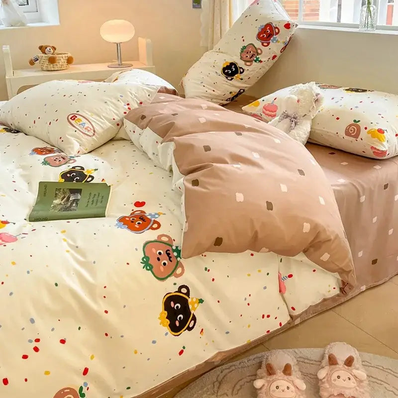 Cartoon printed cotton duvet cover cream bedroom bedding set