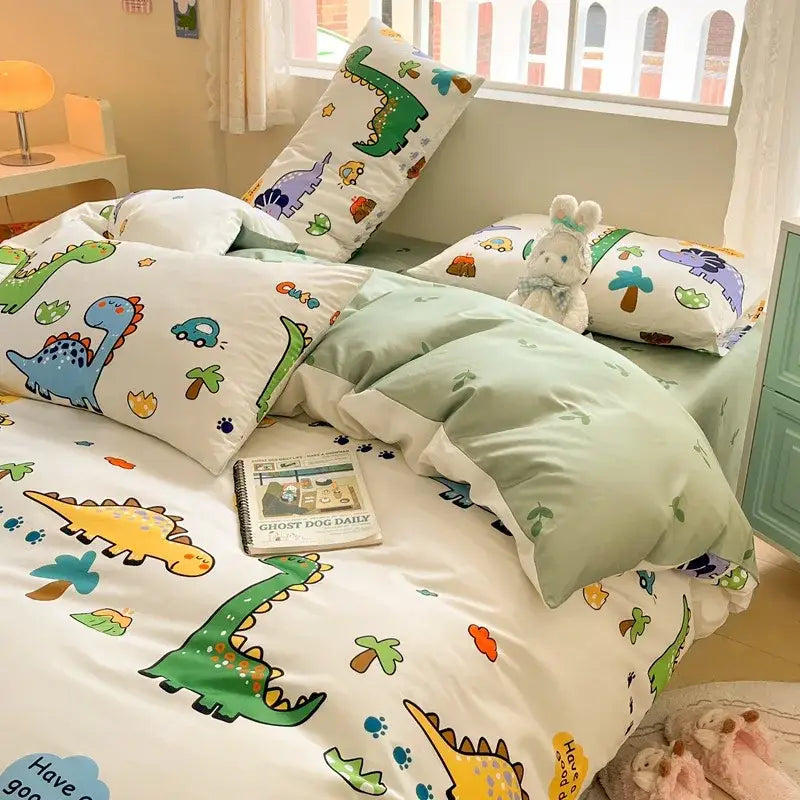 Cartoon printed cotton duvet cover cream bedroom bedding set