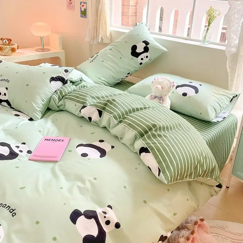 Cartoon printed cotton duvet cover cream bedroom bedding set