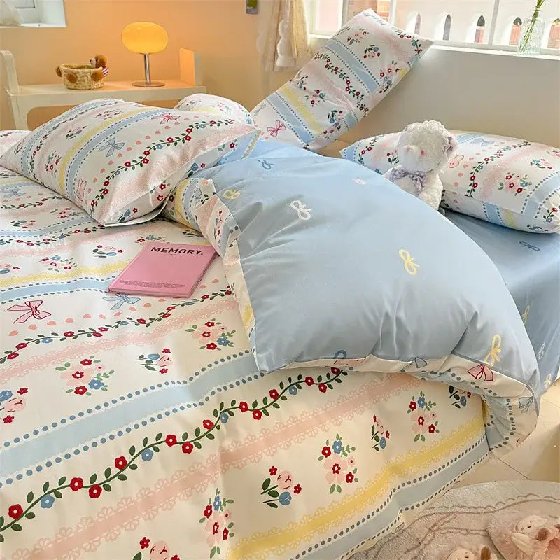 Cartoon printed cotton duvet cover cream bedroom bedding set