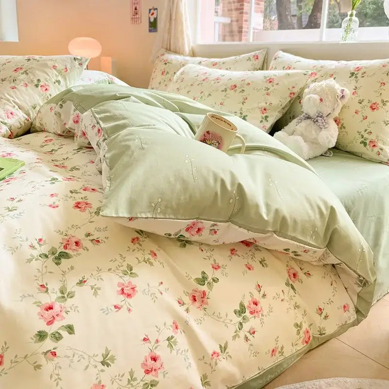 Cartoon printed cotton duvet cover cream bedroom bedding set