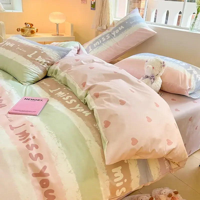 Cartoon printed cotton duvet cover cream bedroom bedding set
