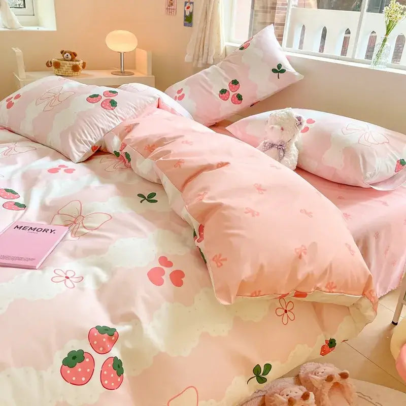 Cartoon printed cotton duvet cover cream bedroom bedding set