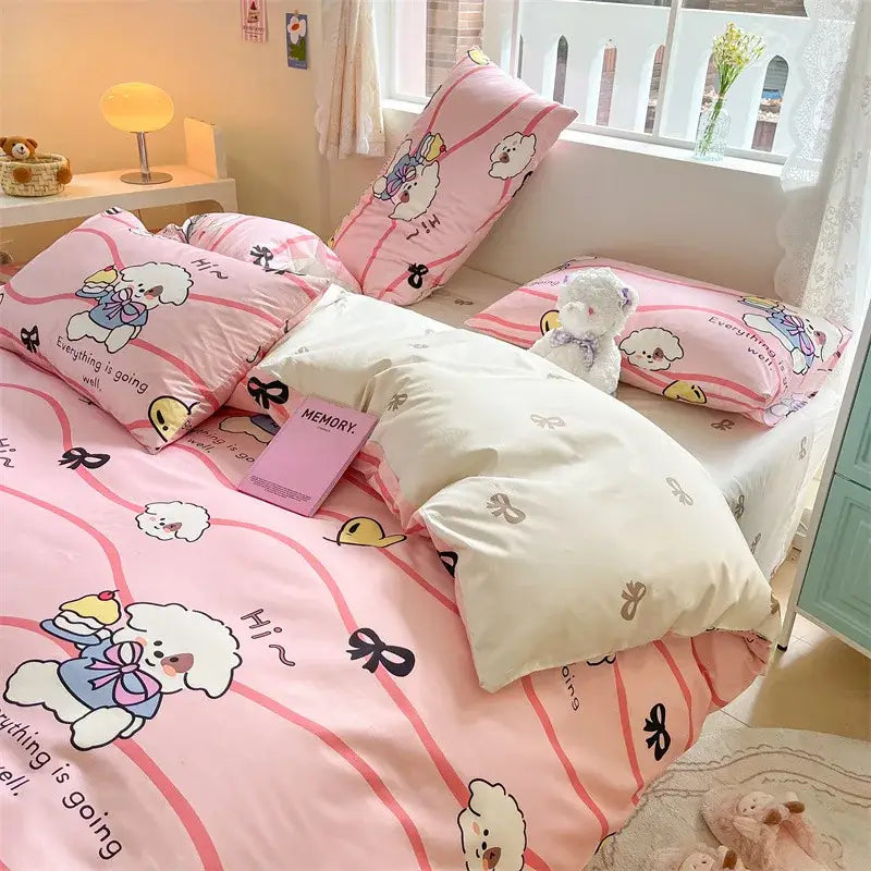 Cartoon printed cotton duvet cover cream bedroom bedding set