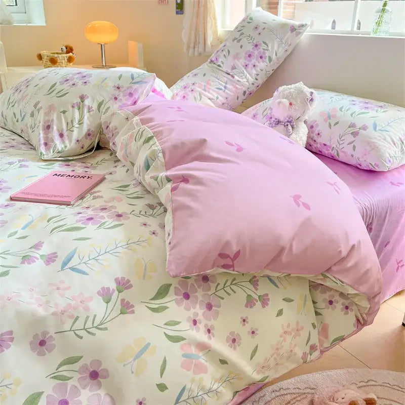 Cartoon printed cotton duvet cover cream bedroom bedding set