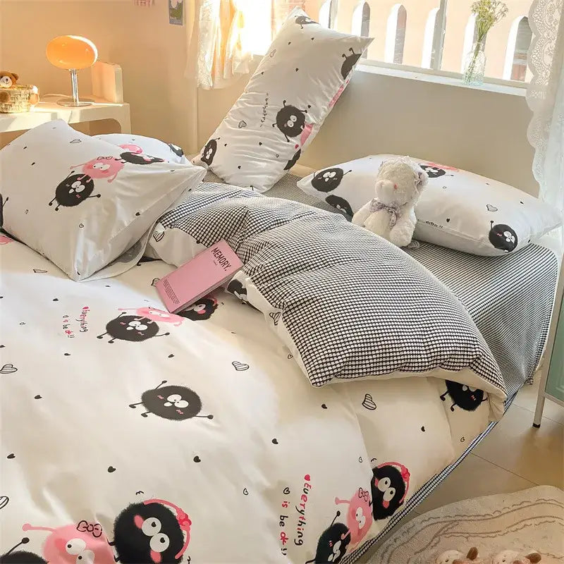Cartoon printed cotton duvet cover cream bedroom bedding set