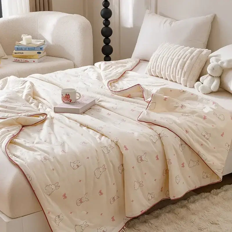 Cartoon rabbit off white cooling summer blanket bedroom quilt