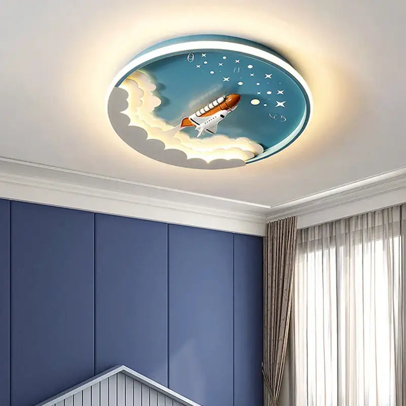 Cartoon rocket led ceiling light for bedroom blue & orange space design