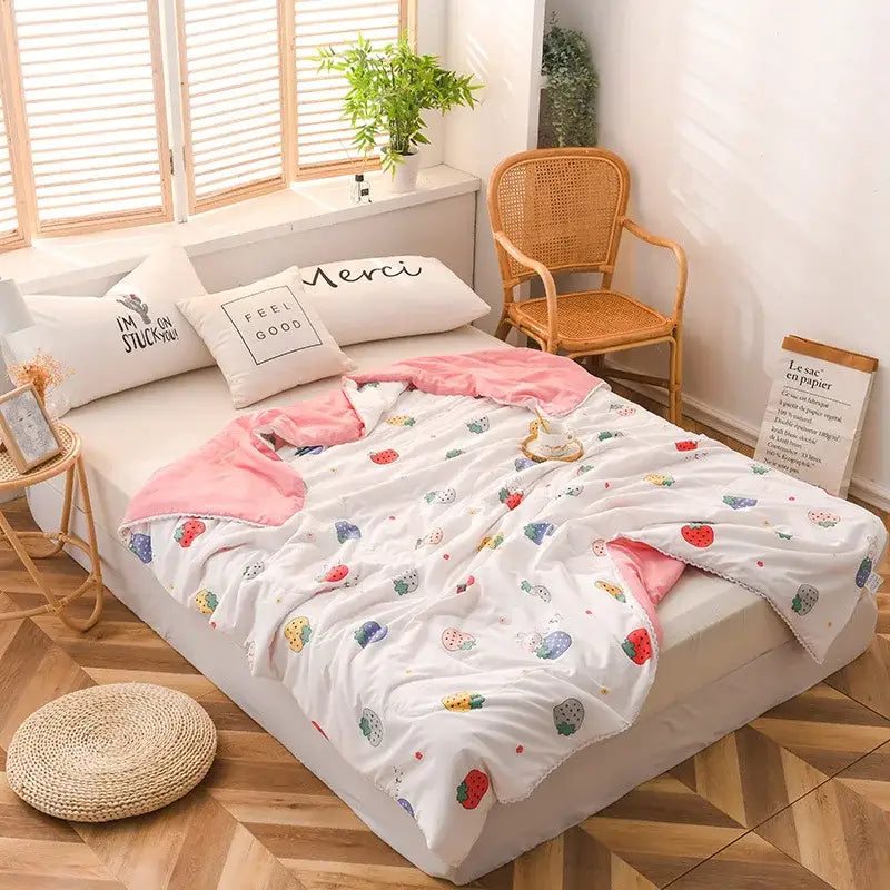 Cartoon strawberry white & pink quilted double blanket bedroom