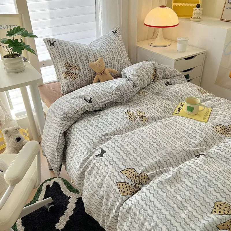 Cartoon style cream & blue bedding sets bedroom cotton cat print