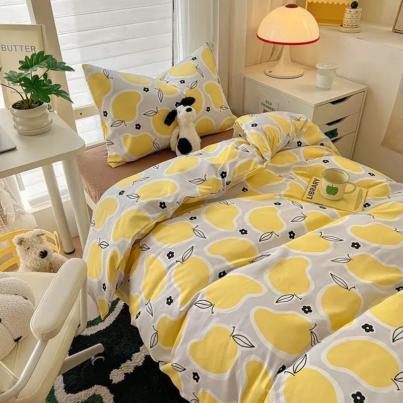 Cartoon style cream & blue bedding sets bedroom cotton cat print